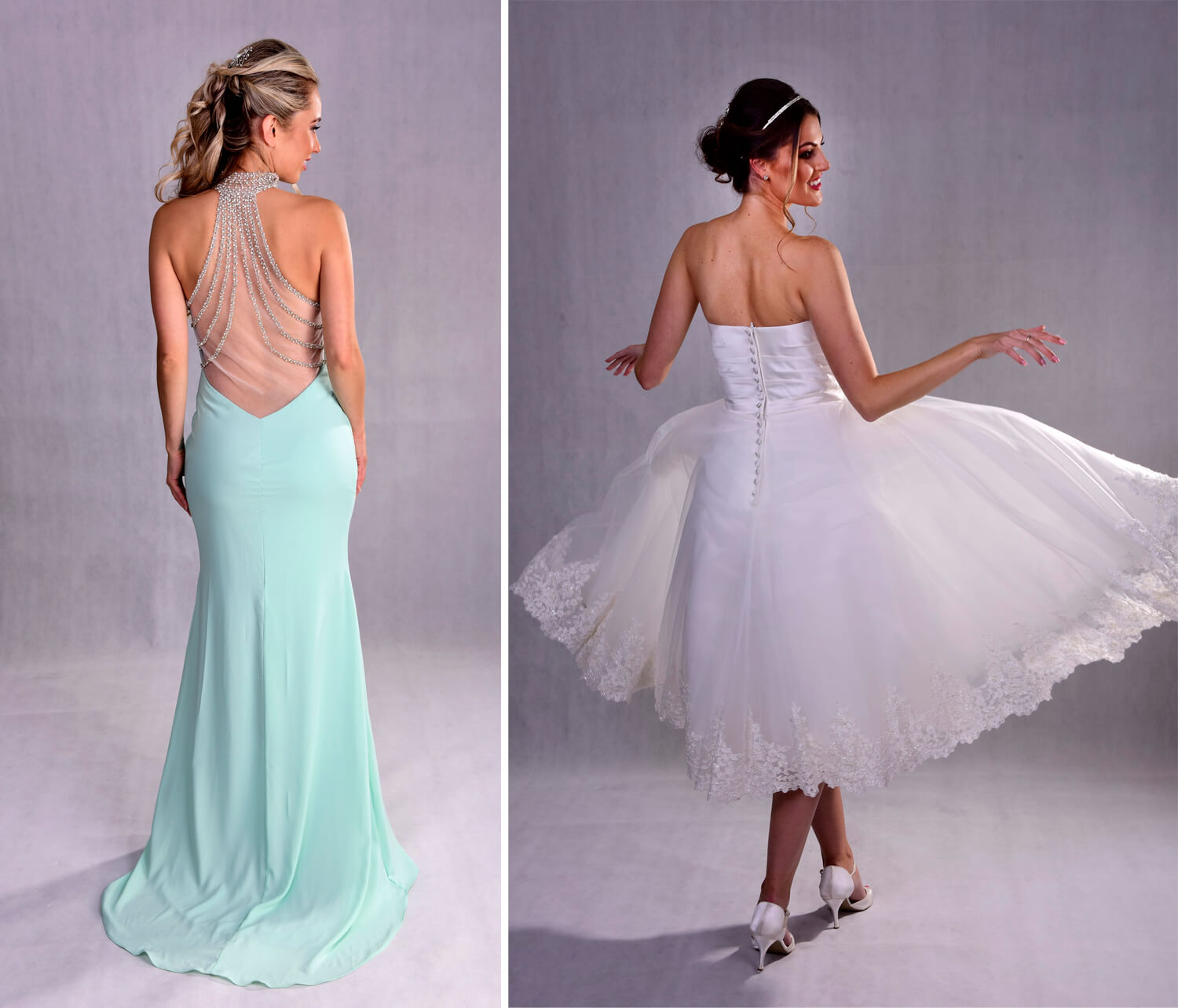 [L] Back tattoo removal - photoshop to the rescue, with a judicial eye the tattoo in the small of the models back was taken out - so the viewers eye was not distracted from this gorgeous gown. [R] Fun Flowing Gown is captured at just the right moment.